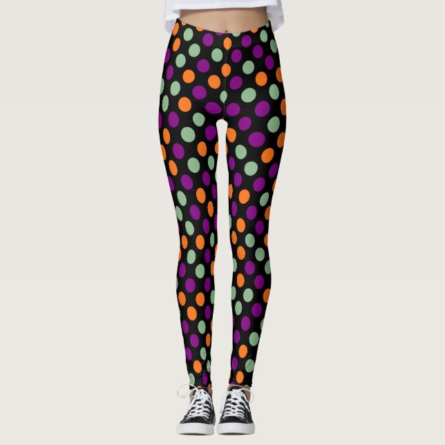 Pumpkin, Purple, Green and Black Color Polka Dots Leggings (Front)