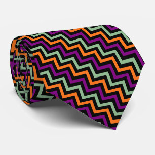 Pumpkin, Purple, Green and Black Diagonal Chevron Neck Tie
