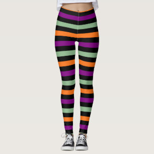 Pumpkin, Purple, Green and Black Horiz. Stripes Leggings