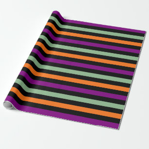 Pumpkin, Purple, Green and Black Horiz. Stripes Wrapping Paper