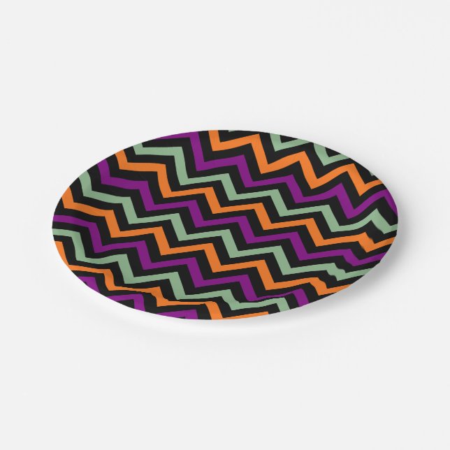 Pumpkin, Purple, Green and Black Vertical Chevron Paper Plates (Angled)