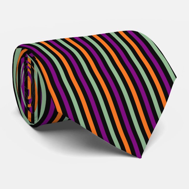 Pumpkin, Purple, Green and Black Vertical Stripes Neck Tie (Rolled)