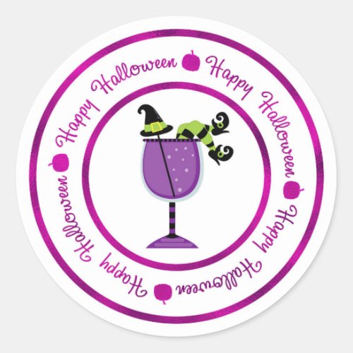 Pumpkin  Purple Witch Cocktail Happy Halloween Classic Round Sticker