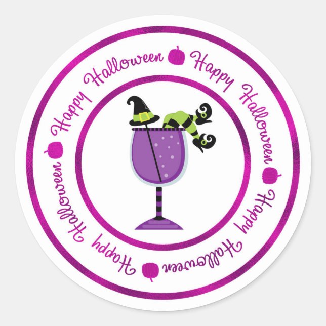Pumpkin & Purple Witch Cocktail Happy Halloween Classic Round Sticker (Front)