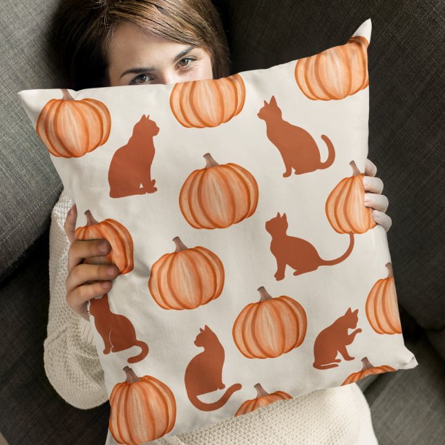 Pumpkin Purrs Throw Pillow (Add a touch of Halloween spirit with hand-sketched pumpkins and playful cat silhouettes.)