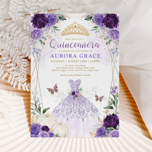 Pumpkin Quinceaera Princess Dress Purple Floral Invitation