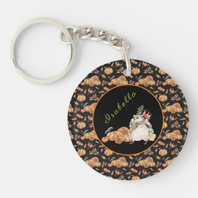 Pumpkin Raccoon Customize Text and Color Keychain (Front)