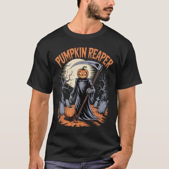 Pumpkin Reaper Gothic Halloween Spooky Pumpkin T-Shirt (Front)