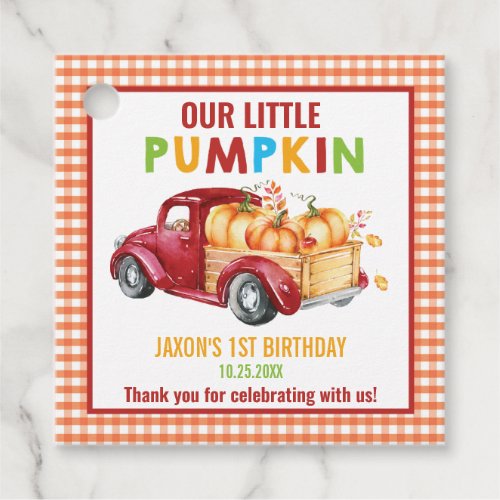 Pumpkin Red Harvest Truck 1st Birthday Thank You Favor Tags