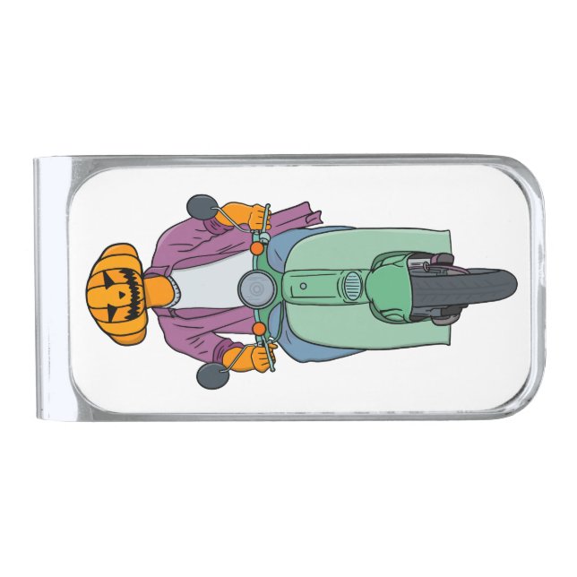 Pumpkin Rider on Mint Scooter Silver Finish Money Clip (Front)