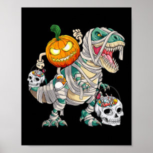 Pumpkin Riding Mummy Dinosaur T rex Halloween Fun Poster