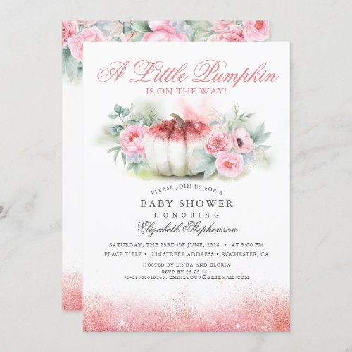 Pumpkin Rose Gold Glittered Fall Baby Shower Invitation