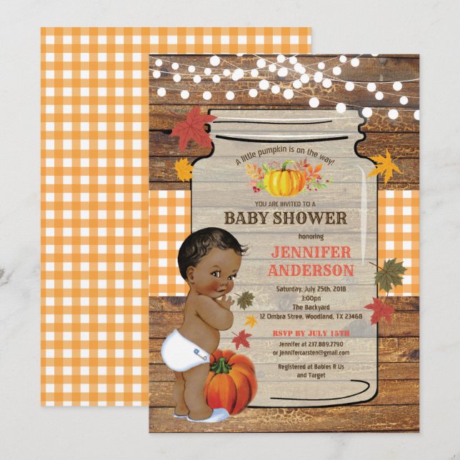 Pumpkin rustic baby shower invitation vintage (Front/Back)