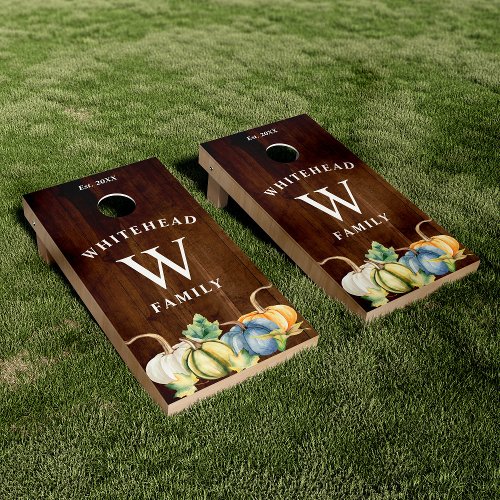 Pumpkin Rustic Dark Wood Monogram Cornhole Set