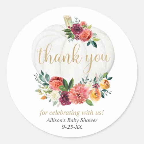 Pumpkin rustic fall floral burgundy gold greenery classic round sticker