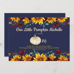 Pumpkin Rustic First Sunflower Blue Gold Birthday Invitation