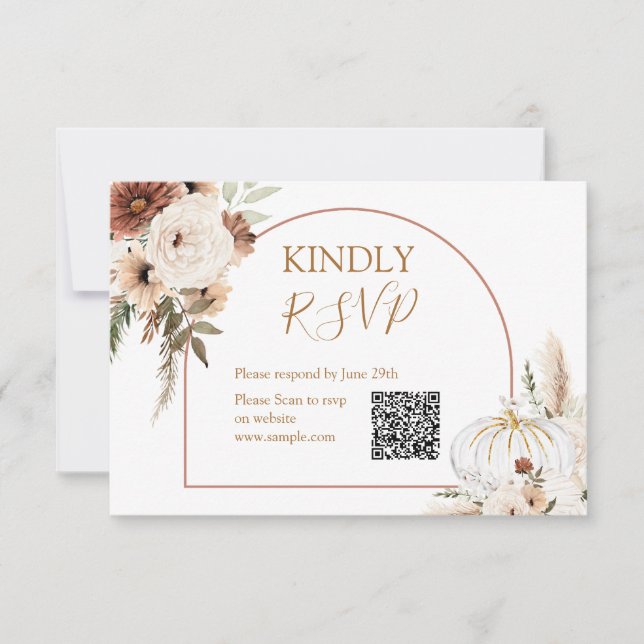 Pumpkin Rustic Floral Boho Arch Fall In love Rsvp Thank You Card (Front)