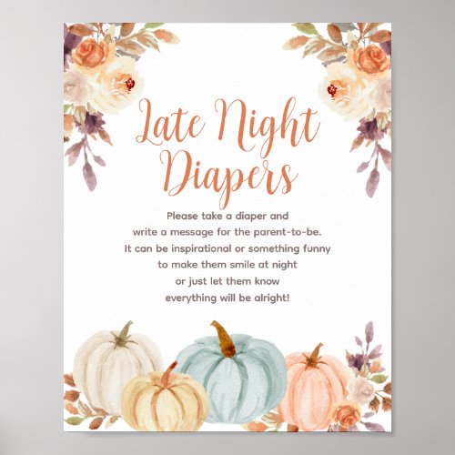 Pumpkin Rustic Floral Night Diapers Sign Poster