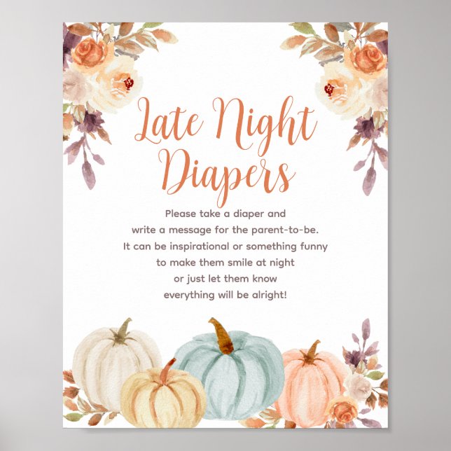 Pumpkin Rustic Floral Night Diapers Sign Poster (Front)