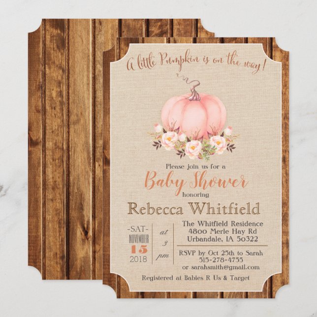 Pumpkin Rustic Floral Wood Baby Shower Invitation (Front/Back)