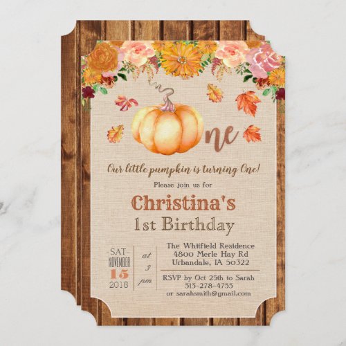 Pumpkin Rustic Leaves Wood 1st Birthday Invitation