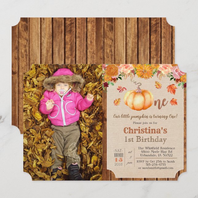 Pumpkin Rustic Leaves Wood 1st Birthday Invitation (Front/Back)