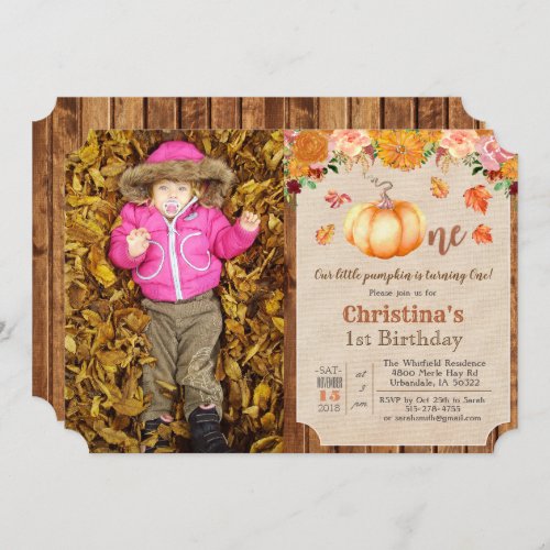 Pumpkin Rustic Leaves Wood 1st Birthday Invitation