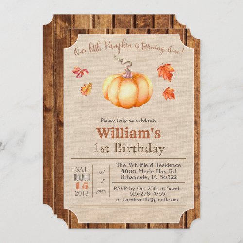 Pumpkin Rustic Leaves Wood 1st Birthday Invitation