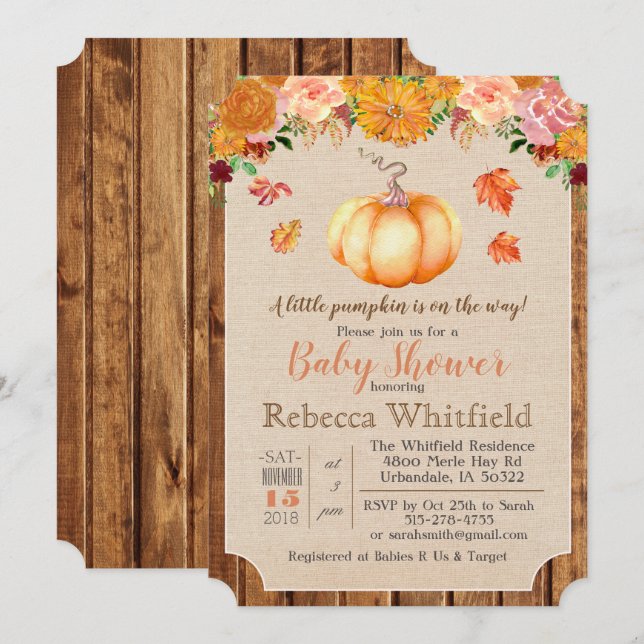 Pumpkin Rustic Leaves Wood Baby Shower Invitation (Front/Back)
