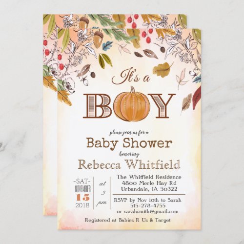 Pumpkin Rustic Leaves Wood Baby Shower Invitation