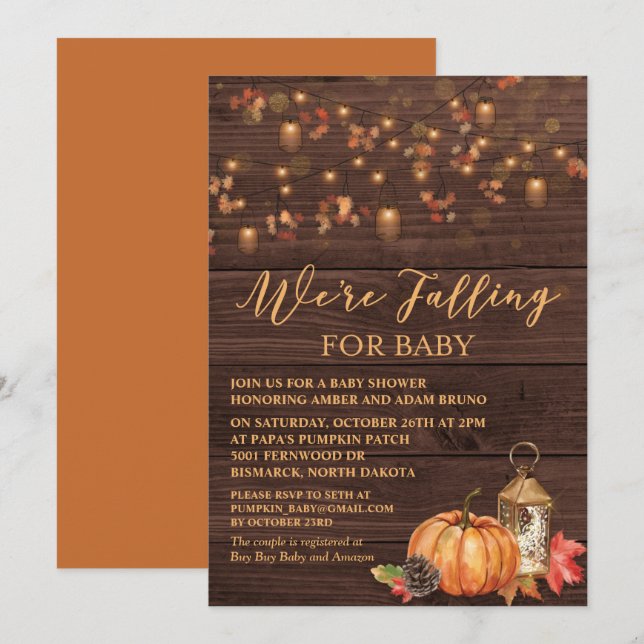 Pumpkin Rustic Leaves Wood Baby Shower Invitation (Front/Back)