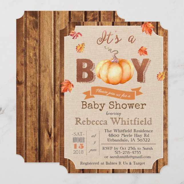 Pumpkin Rustic Leaves Wood Baby Shower Invitation (Front/Back)