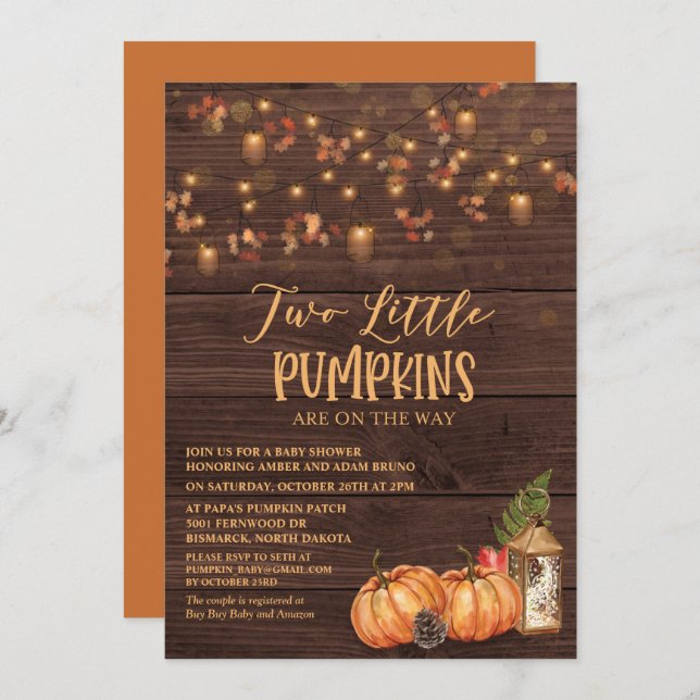 Pumpkin Rustic Twin Baby Shower Invitation (Front/Back)