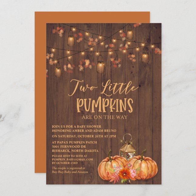 Pumpkin Rustic Twin Baby Shower Invitation (Front/Back)