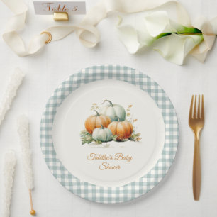 Pumpkin Sage Green Gingham Fall Baby Shower Paper Plates