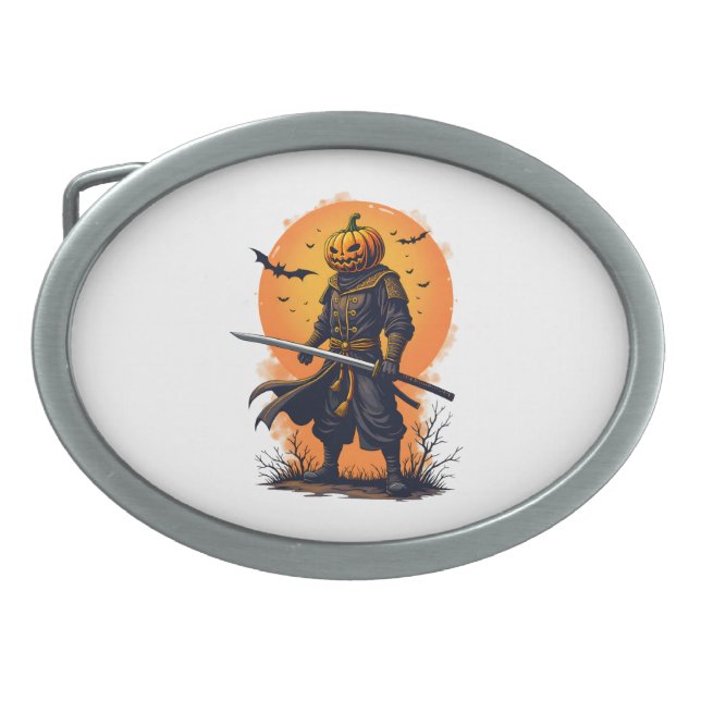 Pumpkin Samurai – Halloween Warrior T-Shirt Belt Buckle (Front)