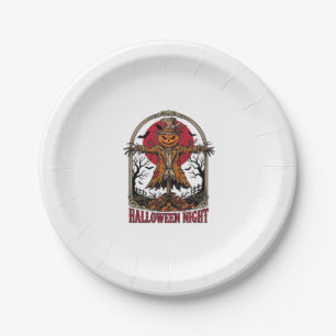 Pumpkin Scarecrow Halloween Vintage Engraving Art Paper Plates