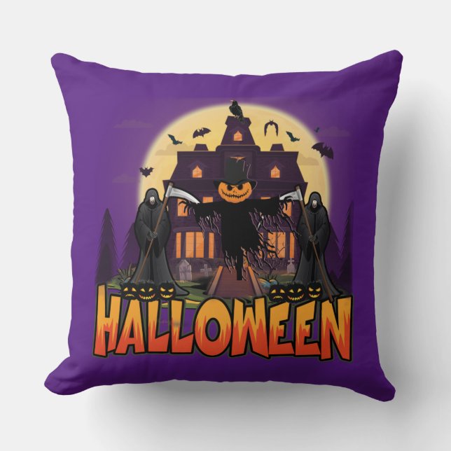 Pumpkin Scary House, Halloween Throw Pillow (Front)