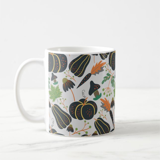 Pumpkin seamless pattern carrot black and white coffee mug (Left)