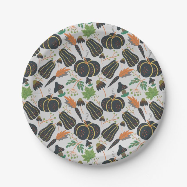 Pumpkin seamless pattern carrot black and white paper plates (Front)