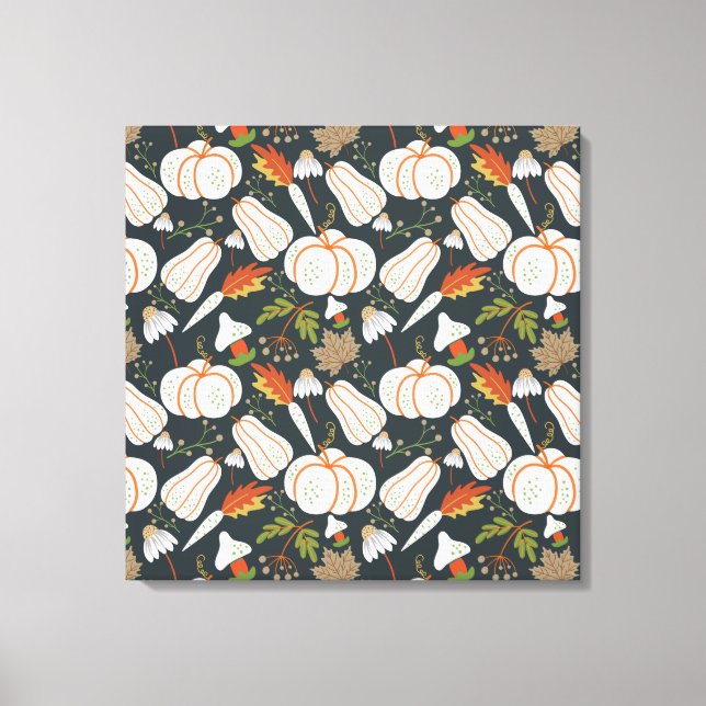 Pumpkin seamless pattern floral black and white canvas print (Front)