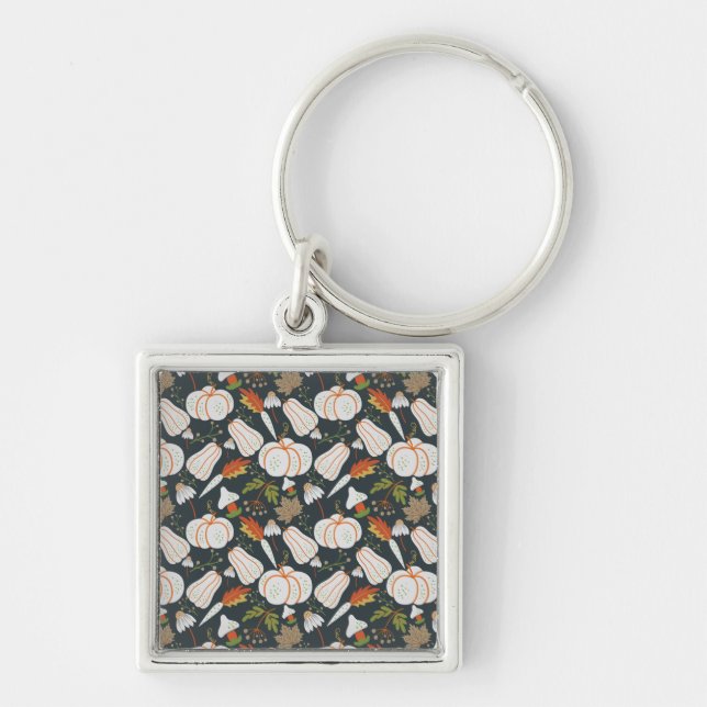 Pumpkin seamless pattern floral black and white keychain (Front)