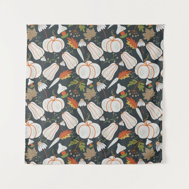 Pumpkin seamless pattern floral black and white tapestry (Front)