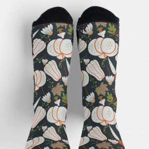 Pumpkin seamless pattern floral black and white wr socks