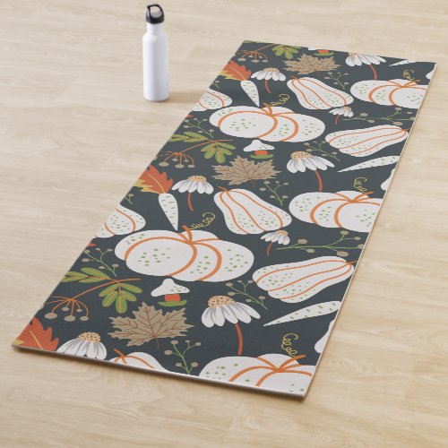 Pumpkin seamless pattern floral black and white yoga mat
