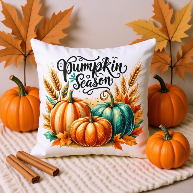Pumpkin Season Watercolor Lettering – Cozy Autumn  Throw Pillow (Creator Uploaded)
