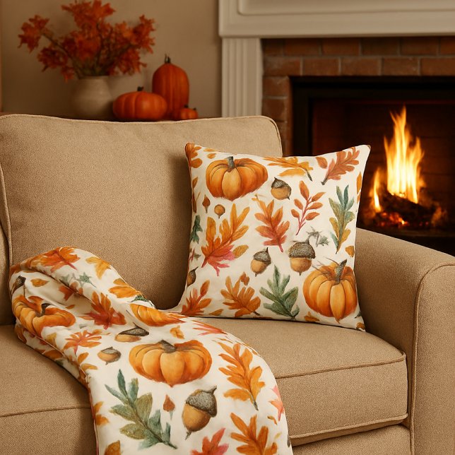 Pumpkin Season with Fall Leaves Pattern  Throw Pillow (Cozy Fall Season pillow and fleece blanket )