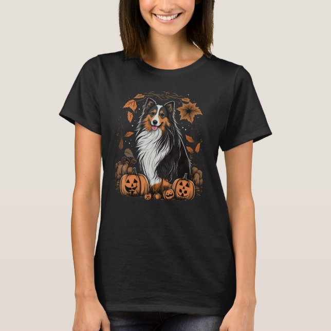 Pumpkin Shetland Sheepdog costume on Sheltie Hallo T-Shirt (Front)
