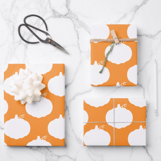Pumpkin Silhouette Pattern Orange White Wrapping Paper Sheets (Front)