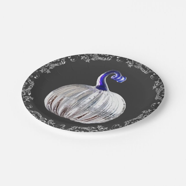 Pumpkin silver glass blue fall elegant  paper plates (Angled)